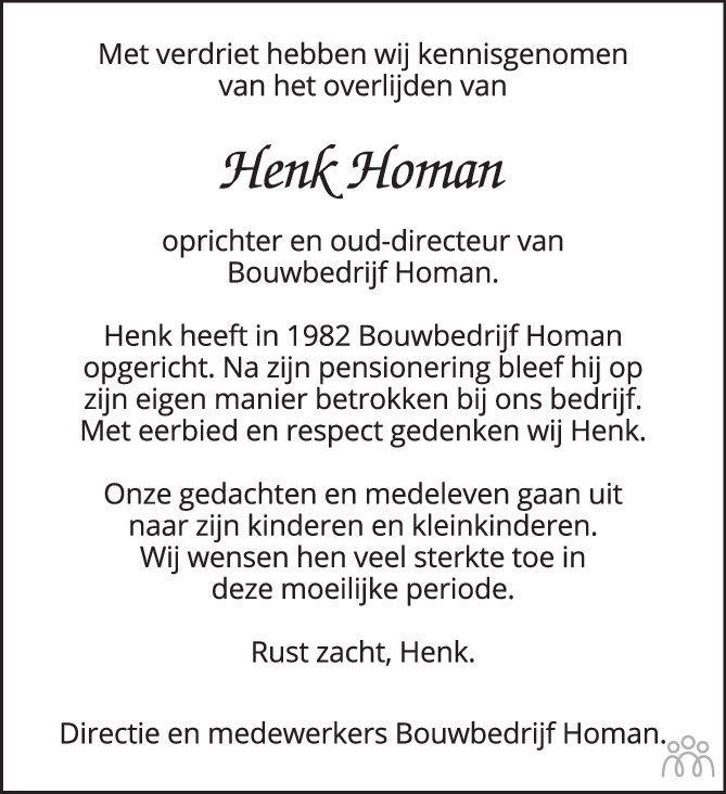 Henk Hendrikus Johannes Marinus Homan 04 03 2022 Overlijdensbericht