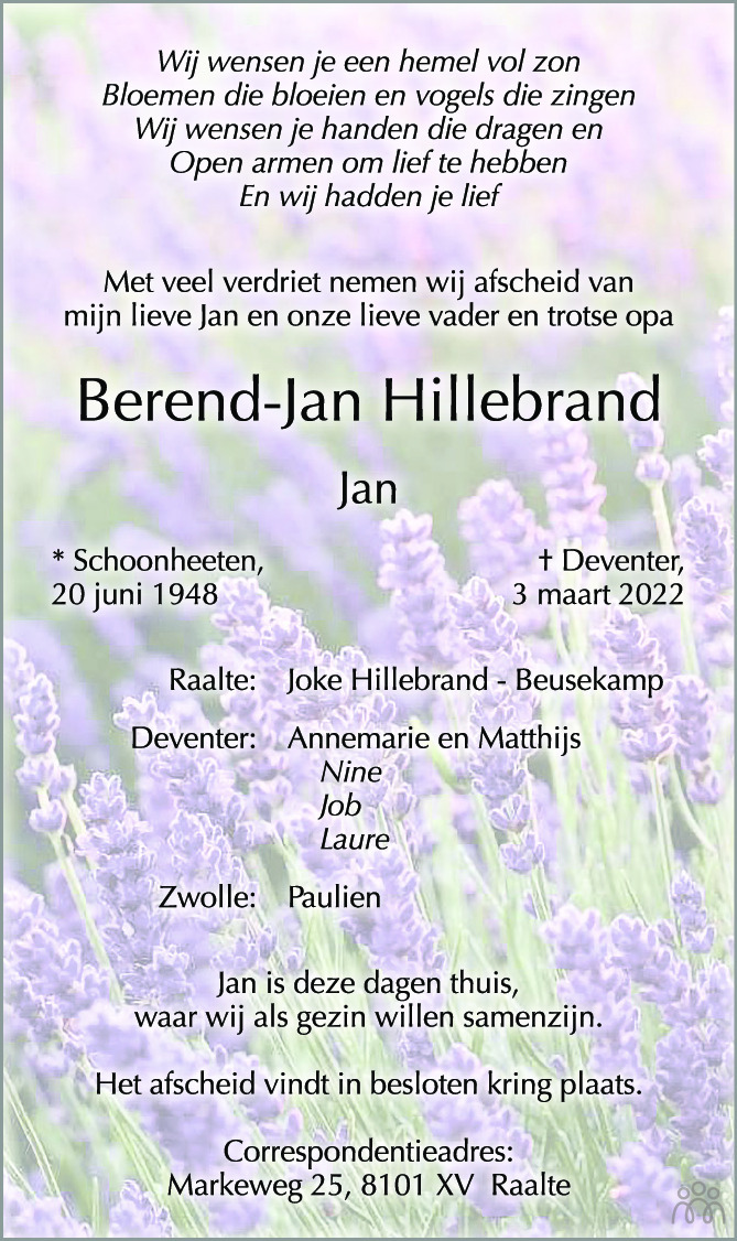 Berend Jan Jan Hillebrand Overlijdensbericht En