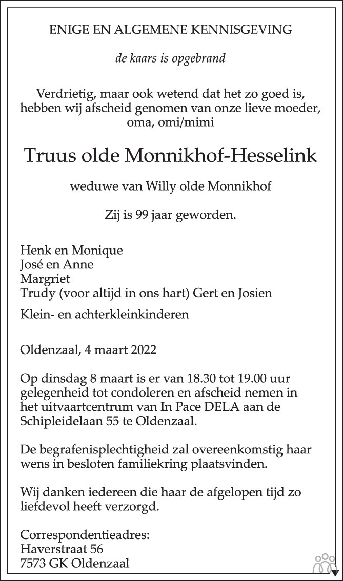 Truus Olde Monnikhof Hesselink 04 03 2022 Overlijdensbericht En