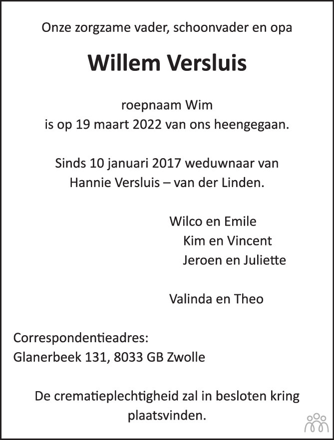 Willem Versluis Overlijdensbericht En Condoleances