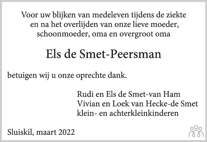 Elsa Maria Paulina Els De Smet Peersman 18 02 2022 Overlijdensbericht