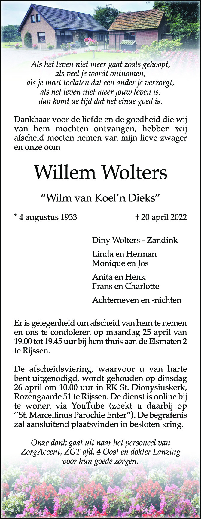 Willem Wolters 20 04 2022 Overlijdensbericht En Condoleances