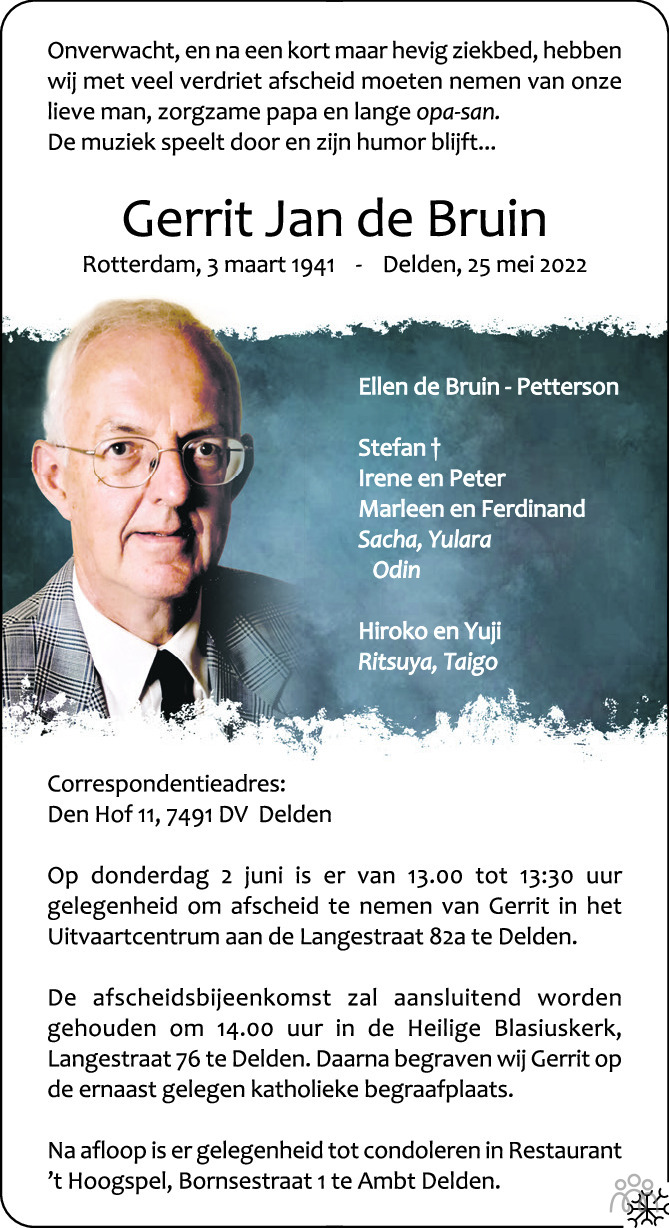 Gerrit Jan De Bruin Overlijdensbericht En Condoleances