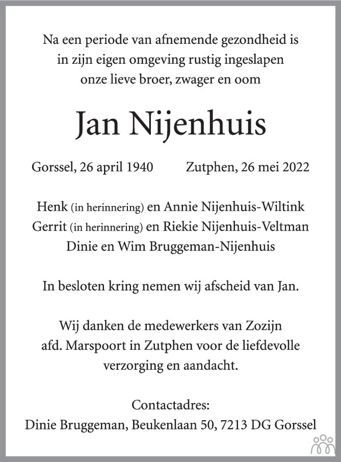 Jan Nijenhuis 26 05 2022 Overlijdensbericht En Condoleances Mensenlinq Nl