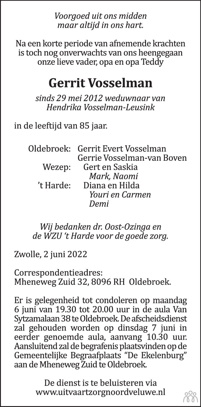 Gerrit Vosselman 02 06 2022 Overlijdensbericht En Condoleances