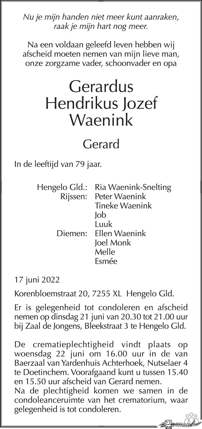 Gerardus Hendrikus Jozef Gerard Waenink Overlijdensbericht