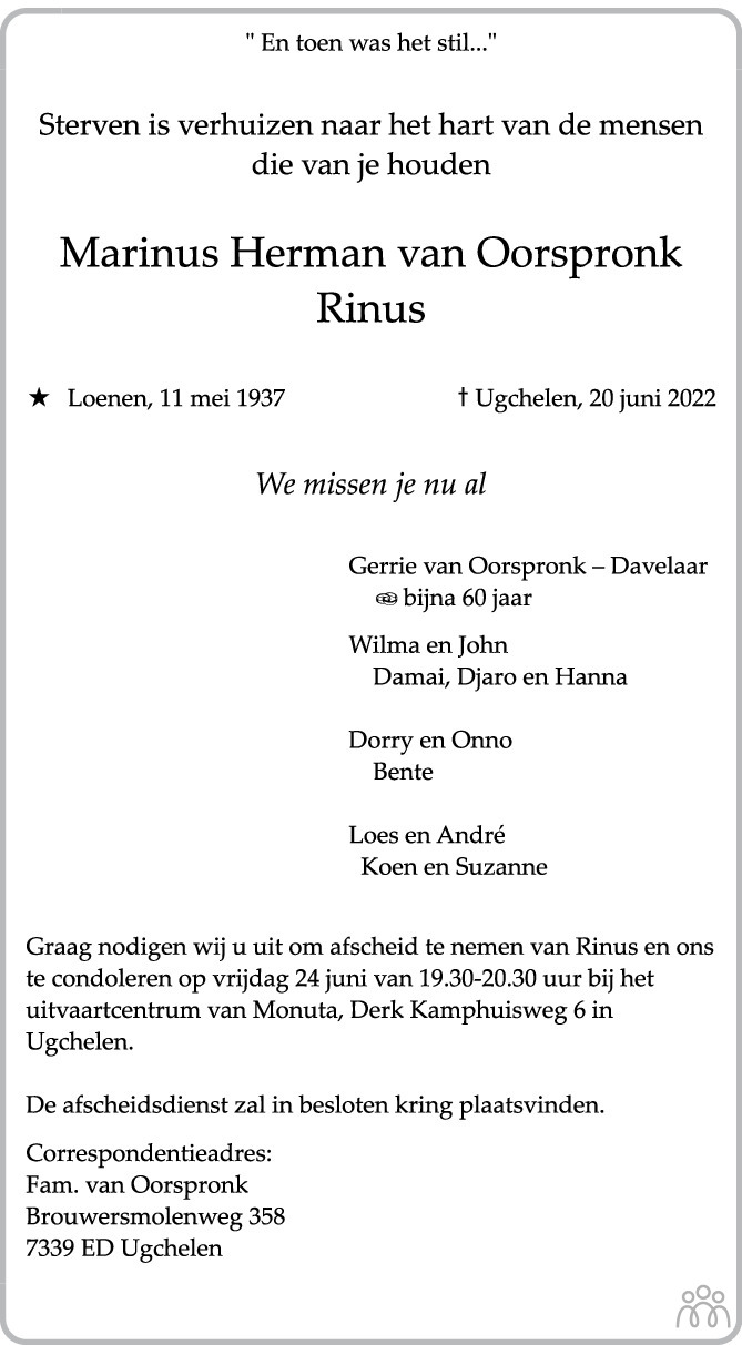 Marinus Herman Rinus Van Oorspronk Overlijdensbericht En