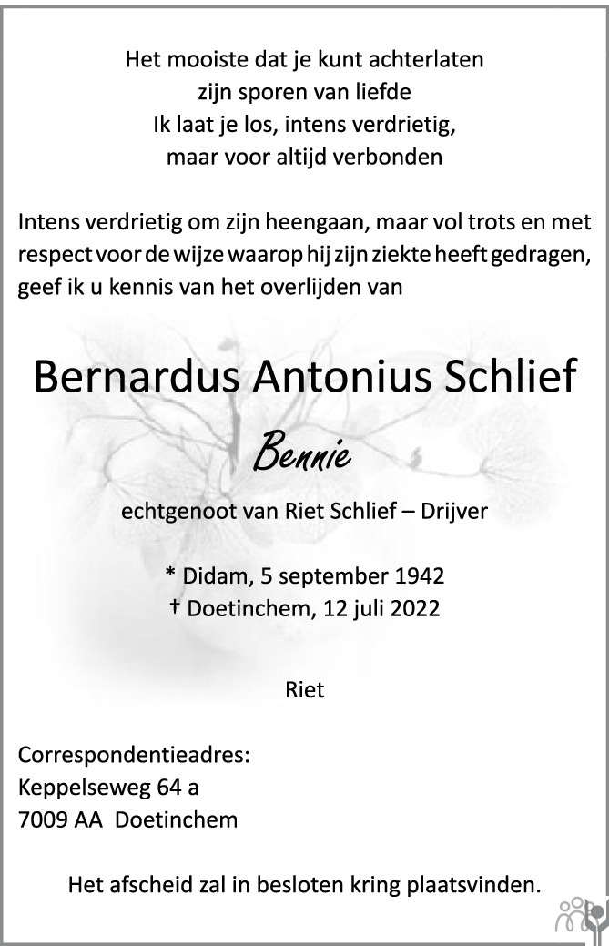 Bernardus Antonius Bennie Schlief Overlijdensbericht En