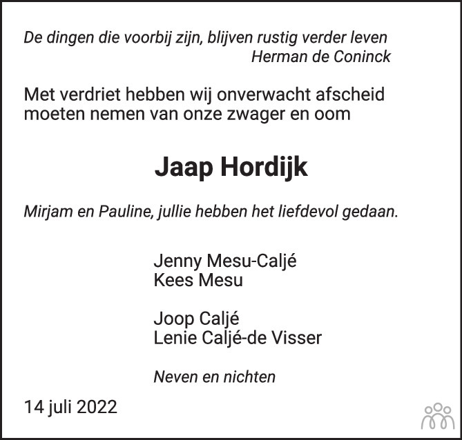 Jacob Jaap Hordijk 14 07 2022 Overlijdensbericht En Condoleances