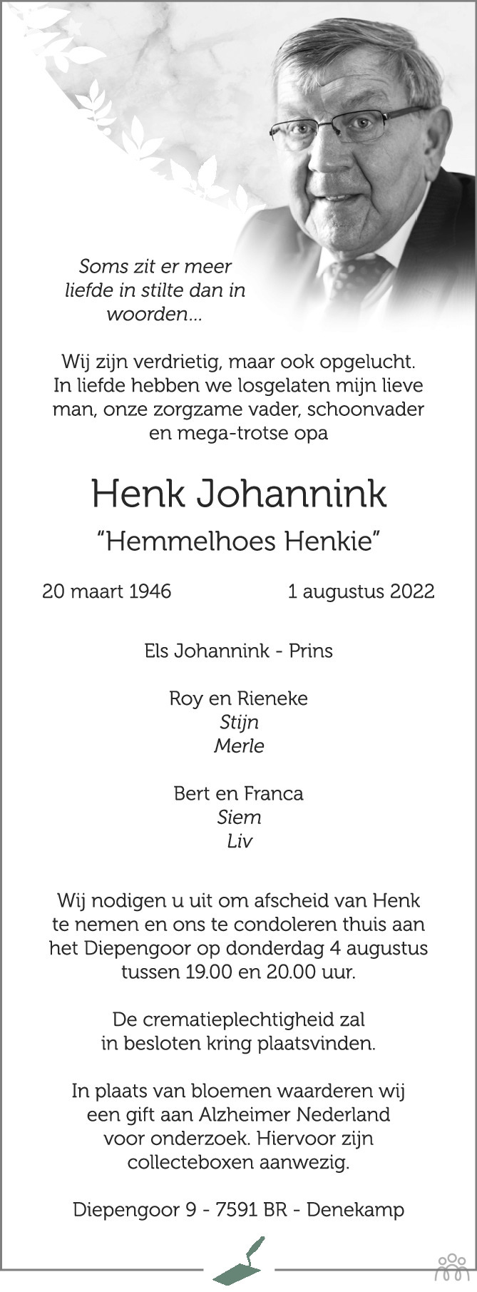 Henk Johannink Overlijdensbericht En Condoleances