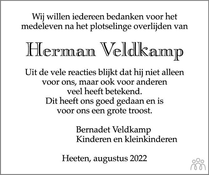 Herman Hermanus Johannes Maria Veldkamp 29 06 2022 Overlijdensbericht