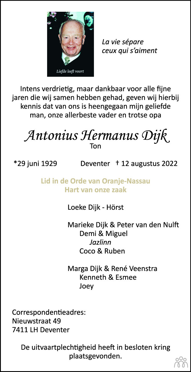 Antonius Hermanus Ton Dijk 12 08 2022 Overlijdensbericht En