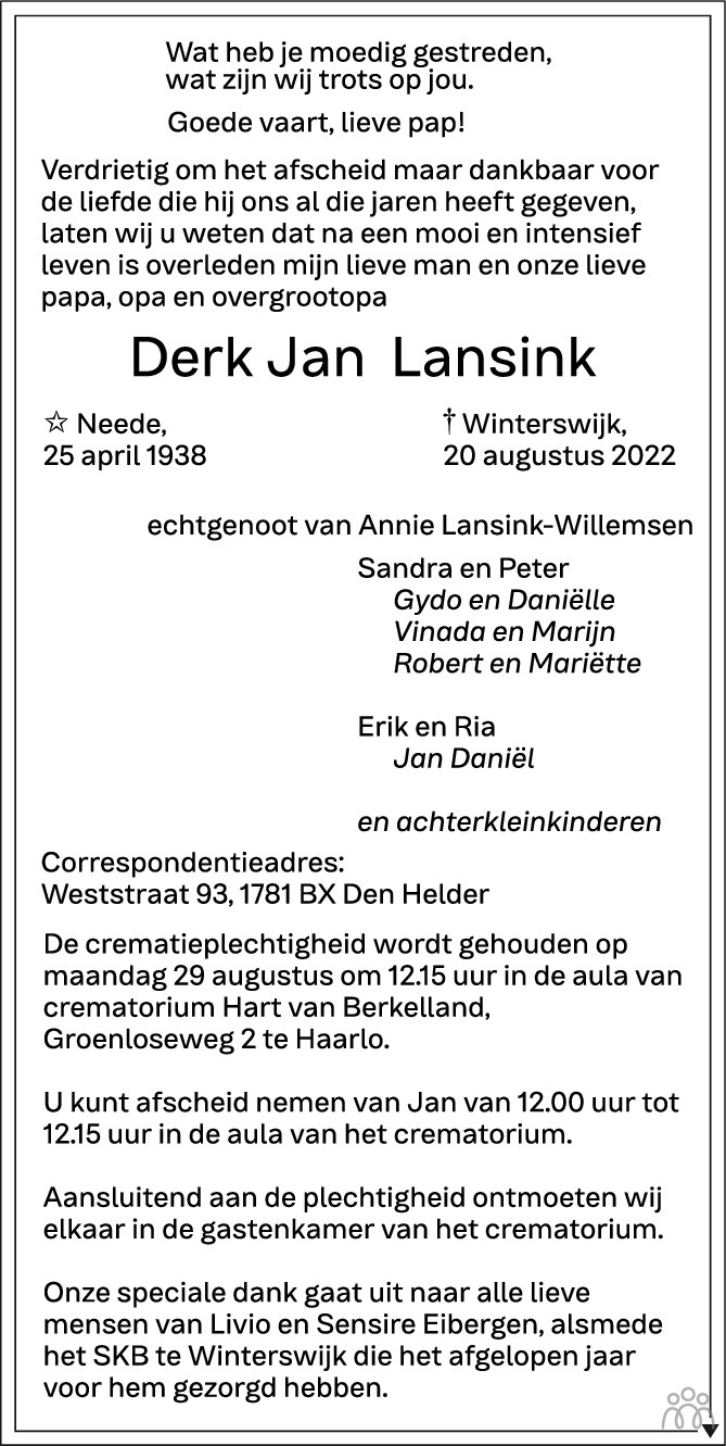 Derk Jan Lansink 20 08 2022 Overlijdensbericht En Condoleances