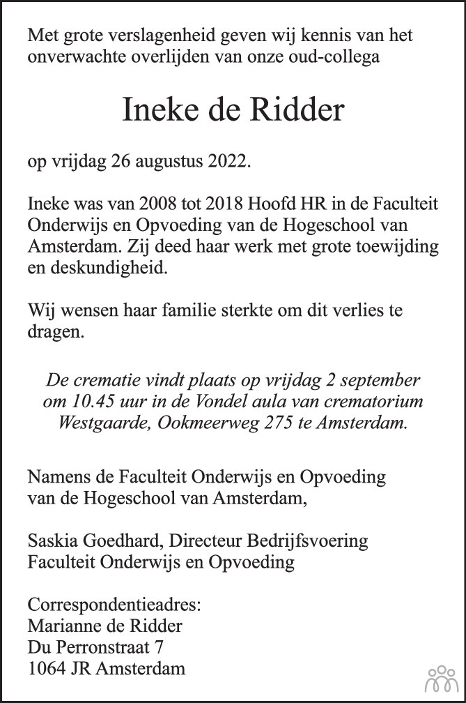 Ina Wilhelmina Ineke De Ridder 26 08 2022 Overlijdensbericht En