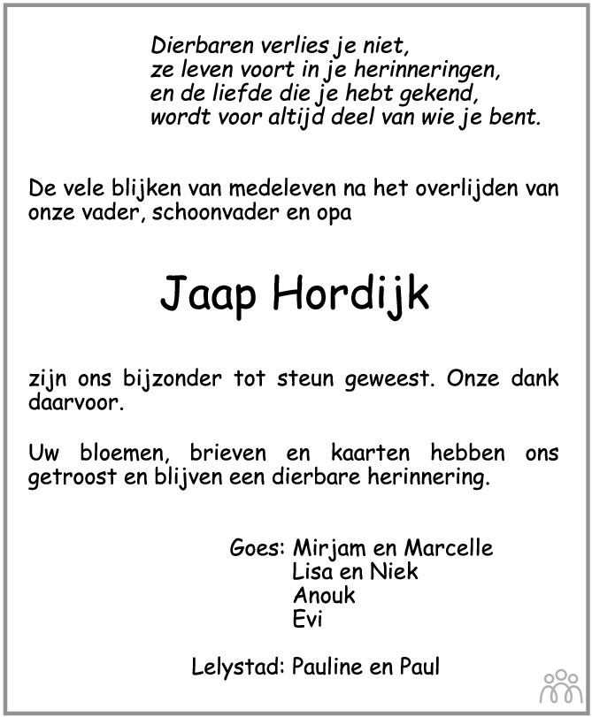 Jacob Jaap Hordijk 14 07 2022 Overlijdensbericht En Condoleances