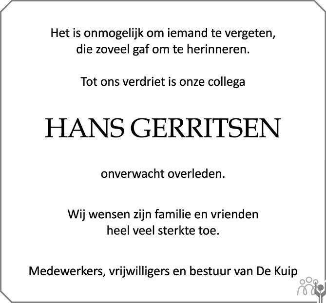 Hans Johannes Bernardus Gerritsen 03 09 2022 Overlijdensbericht En