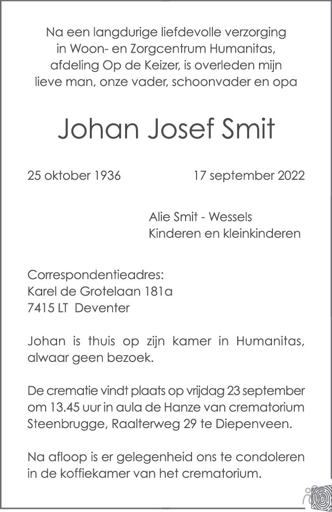 Johan Josef Smit Overlijdensbericht En Condoleances