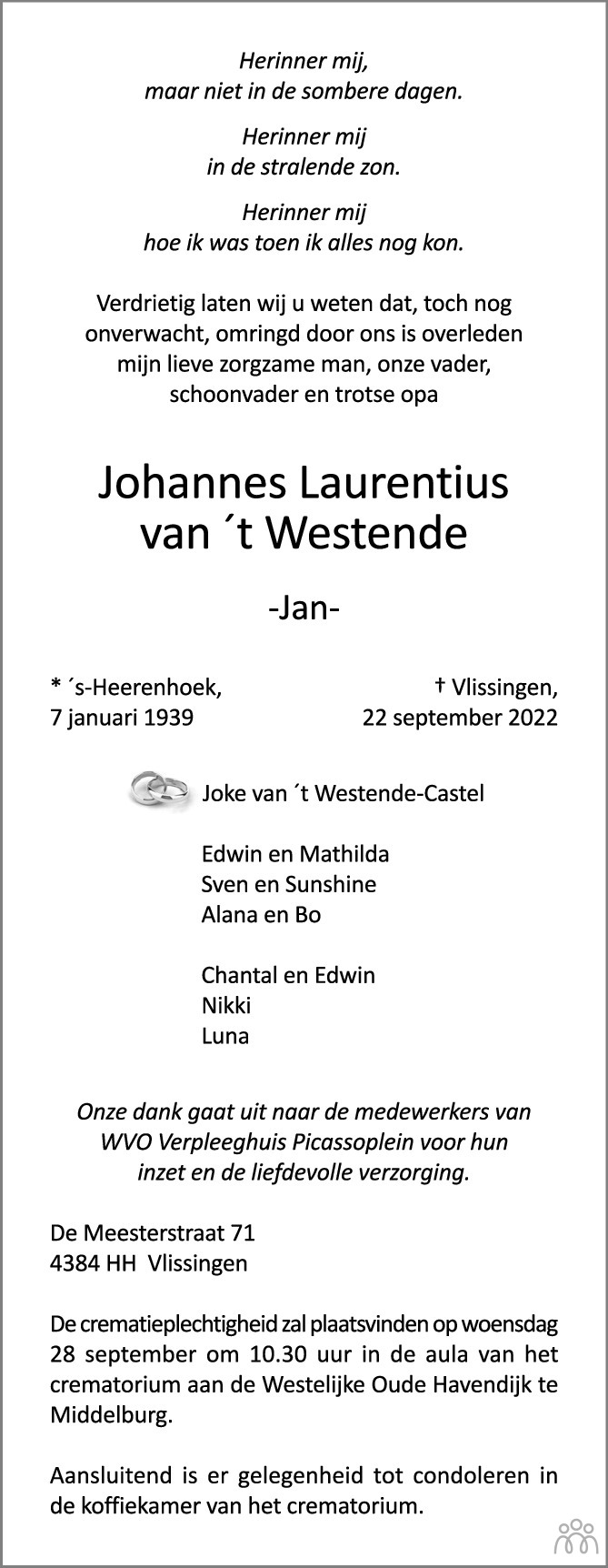 Johannes Laurentius Jan Van T Westende 22 09 2022 Overlijdensbericht