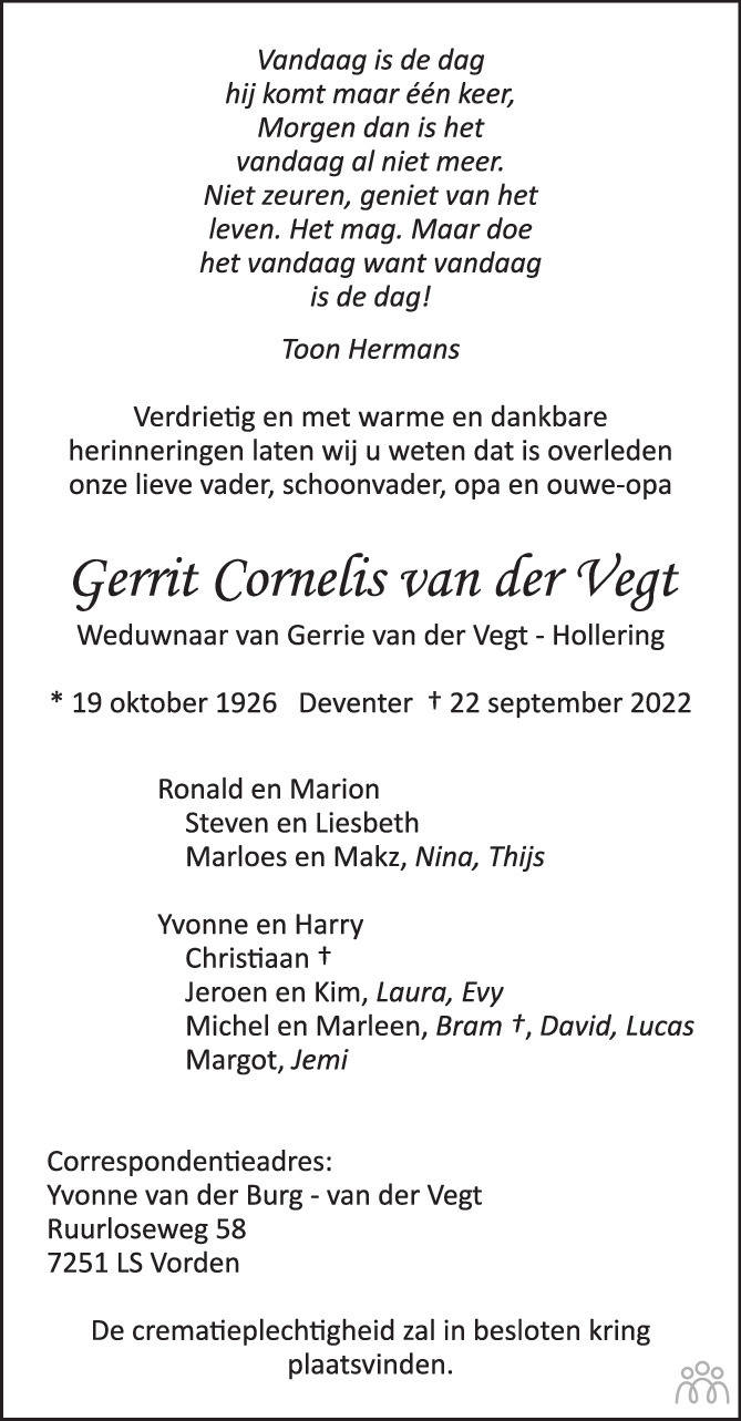 Gerrit Cornelis Van Der Vegt 22 09 2022 Overlijdensbericht En