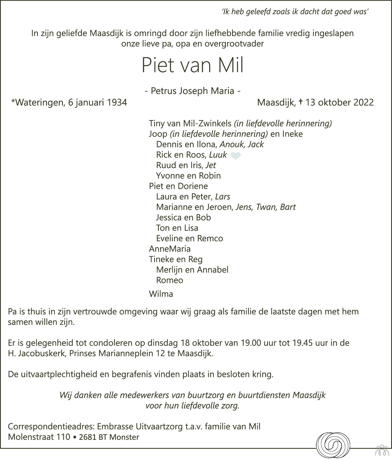 Piet Petrus Joseph Maria Van Mil Overlijdensbericht En