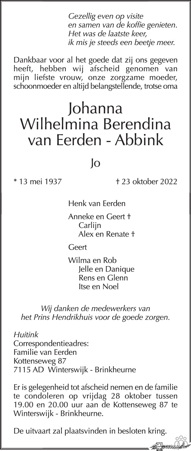 Johanna Wilelmina Berendina Jo Van Eerden Abbink 23 10 2022