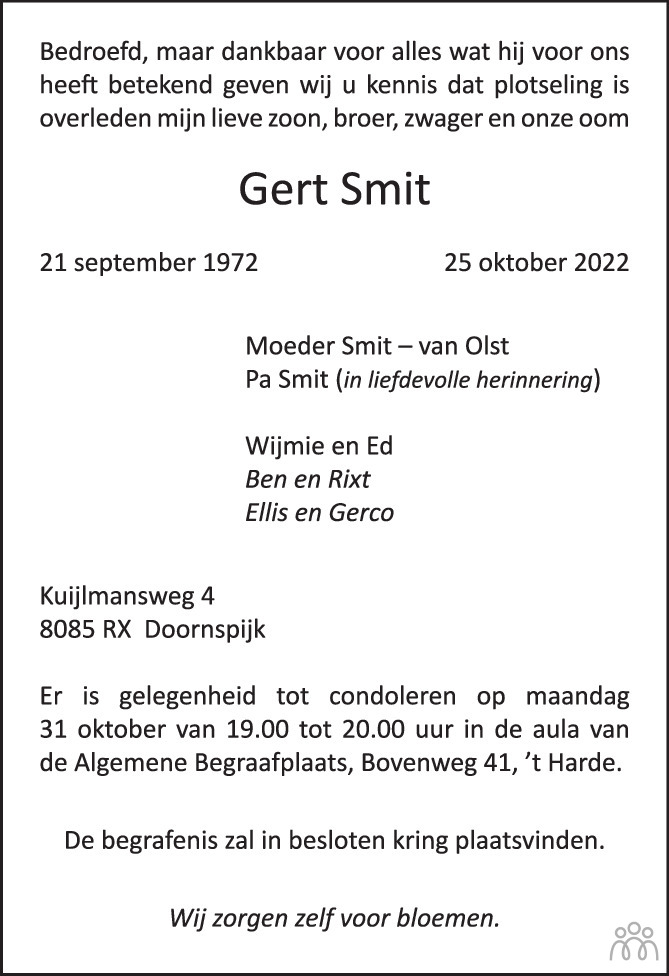 Gert Smit 25 10 2022 Overlijdensbericht En Condoleances Mensenlinq Nl