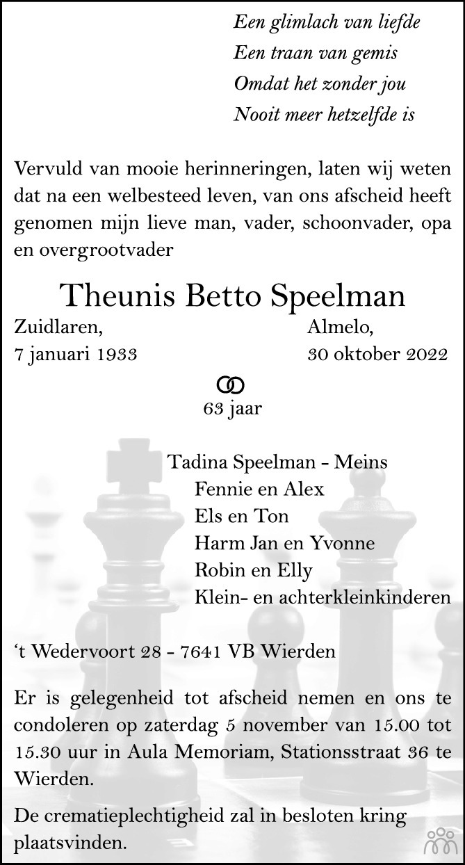 Theunis Betto Speelman Overlijdensbericht En Condoleances