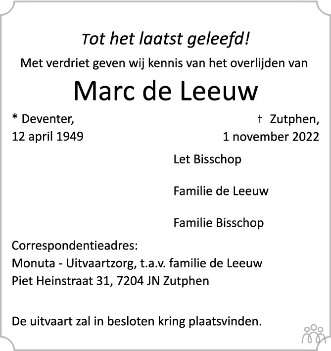 Marc De Leeuw Overlijdensbericht En Condoleances Mensenlinq Nl