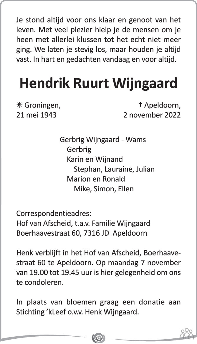 Hendrik Ruurt Wijngaard 02 11 2022 Overlijdensbericht En Condoleances