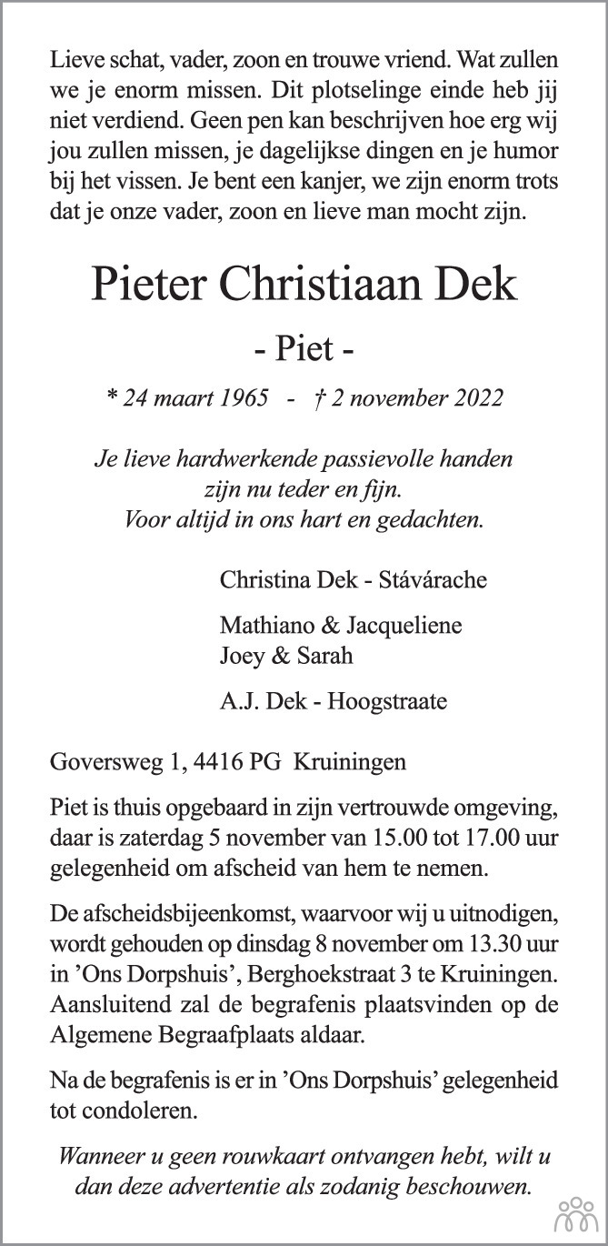 Pieter Christiaan Piet Dek 02 11 2022 Overlijdensbericht En