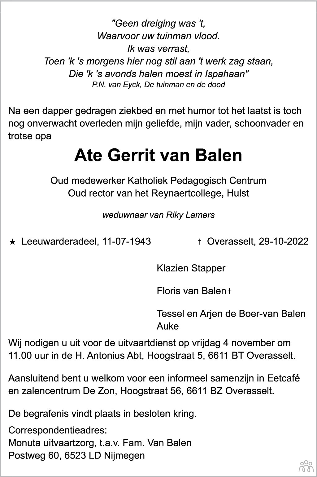 Ate Gerrit Van Balen Overlijdensbericht En Condoleances