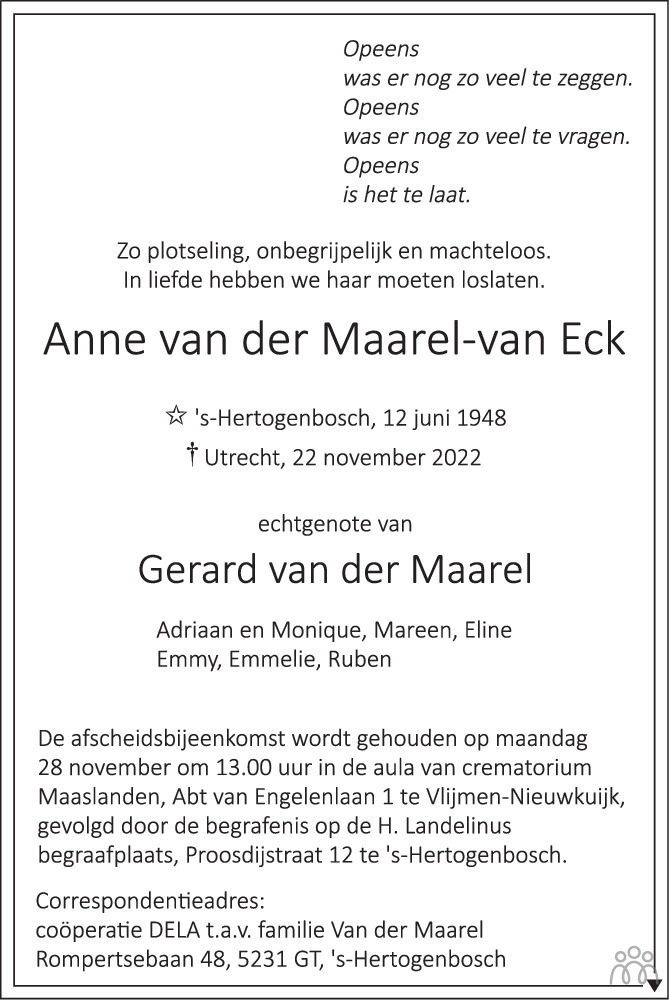 Anne Van Der Maarel Van Eck 22 11 2022 Overlijdensbericht En