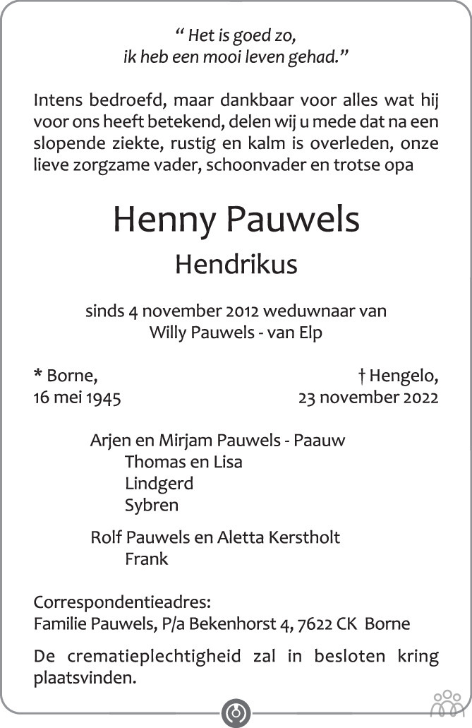 Henny Hendrikus Pauwels Overlijdensbericht En Condoleances