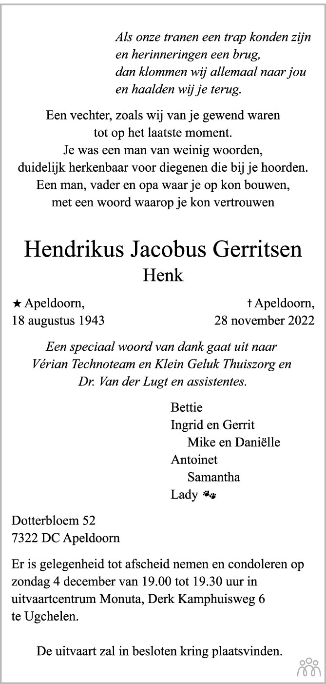 Hendrikus Jacobus Henk Gerritsen Overlijdensbericht En