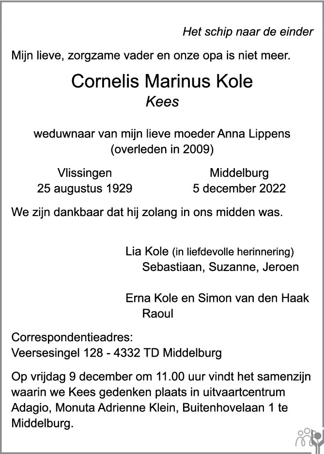 Cornelis Marinus Kees Kole 05 12 2022 Overlijdensbericht En