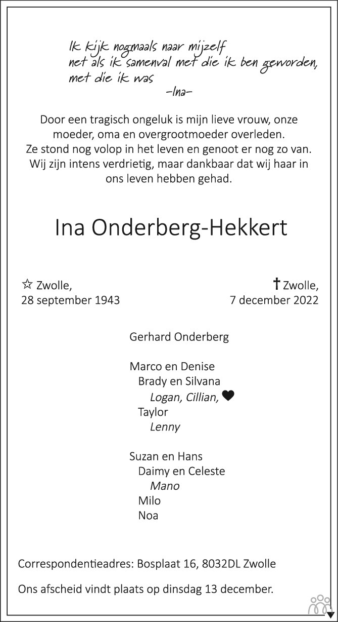 Ina Onderberg Hekkert 07 12 2022 Overlijdensbericht En Condoleances