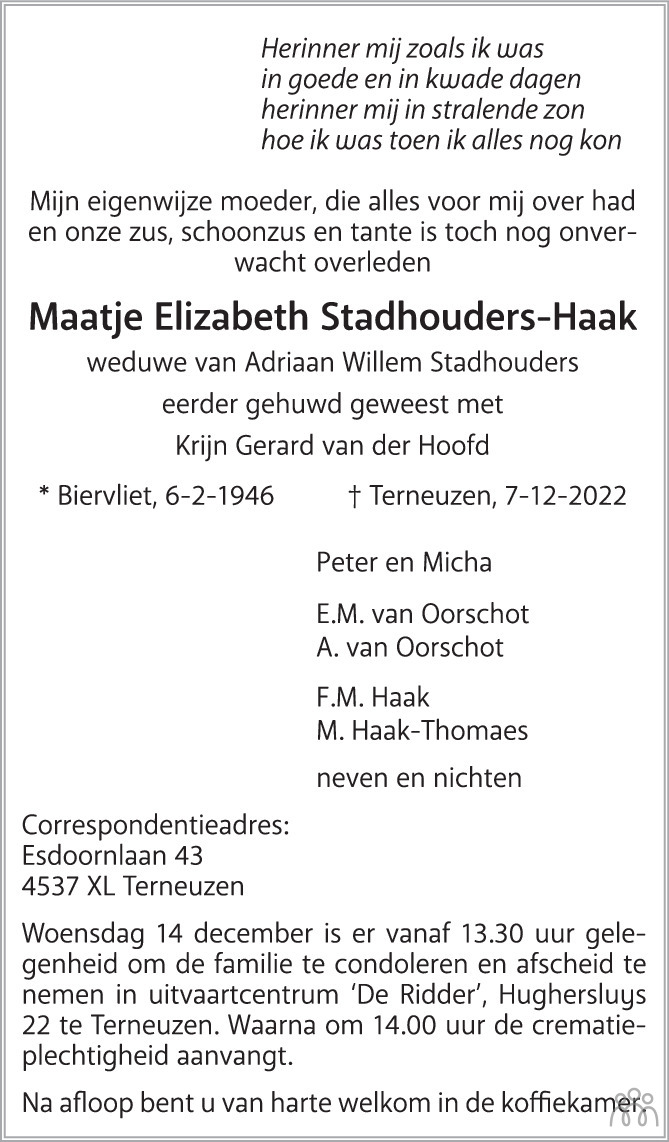 Maatje Elizabeth Mattie Stadhouders Haak