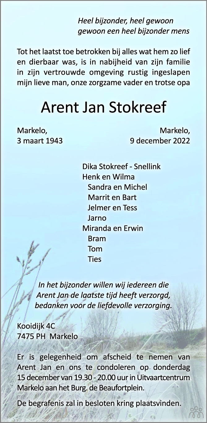 Arent Jan Stokreef 09 12 2022 Overlijdensbericht En Condoleances