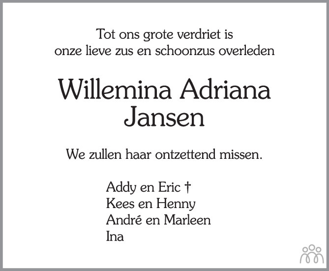 Willemina Adriana Willy Jansen Overlijdensbericht En