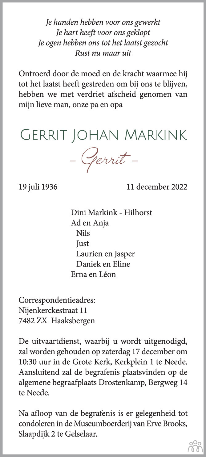 Gerrit Johan Gerrit Markink Overlijdensbericht En