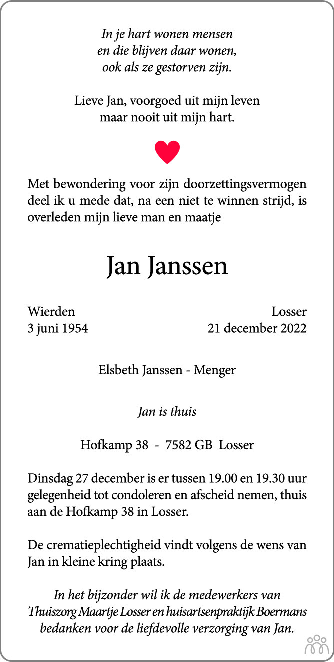 Jan Janssen 21 12 2022 Overlijdensbericht En Condoleances Mensenlinq Nl