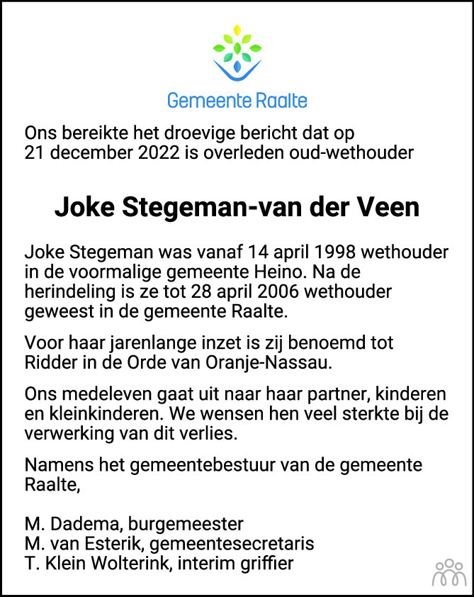 Joke Stegeman Van Der Veen Overlijdensbericht En