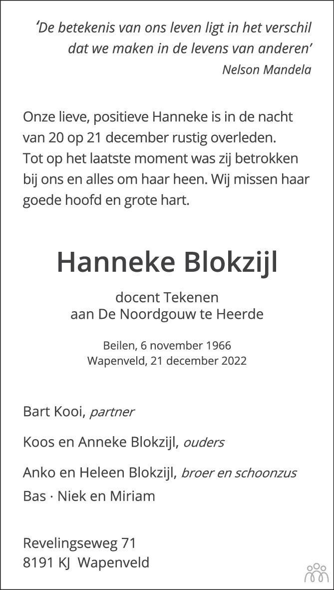 Hanneke Blokzijl 21 12 2022 Overlijdensbericht En Condoleances