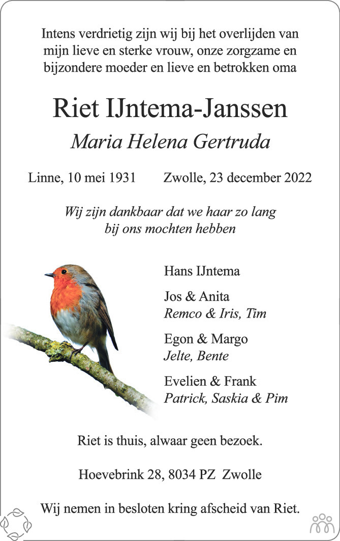 Riet Maria Helena Gertruda IJntema Janssen 23 12 2022