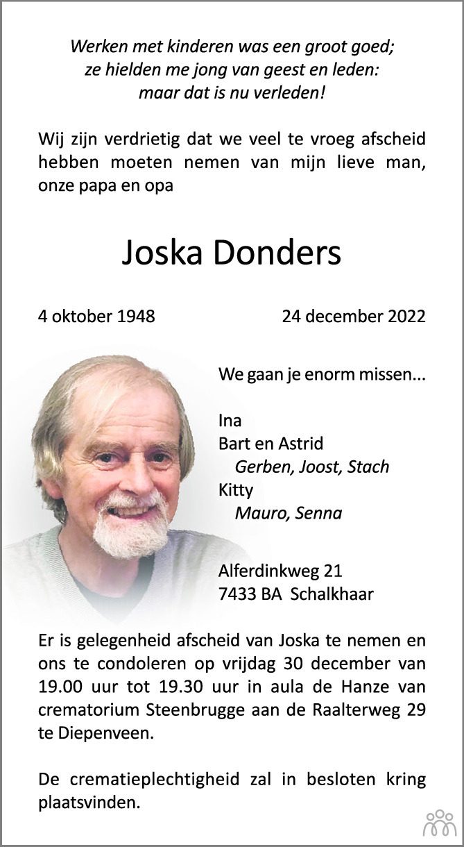 Joska Donders 24 12 2022 Overlijdensbericht En Condoleances Mensenlinq Nl