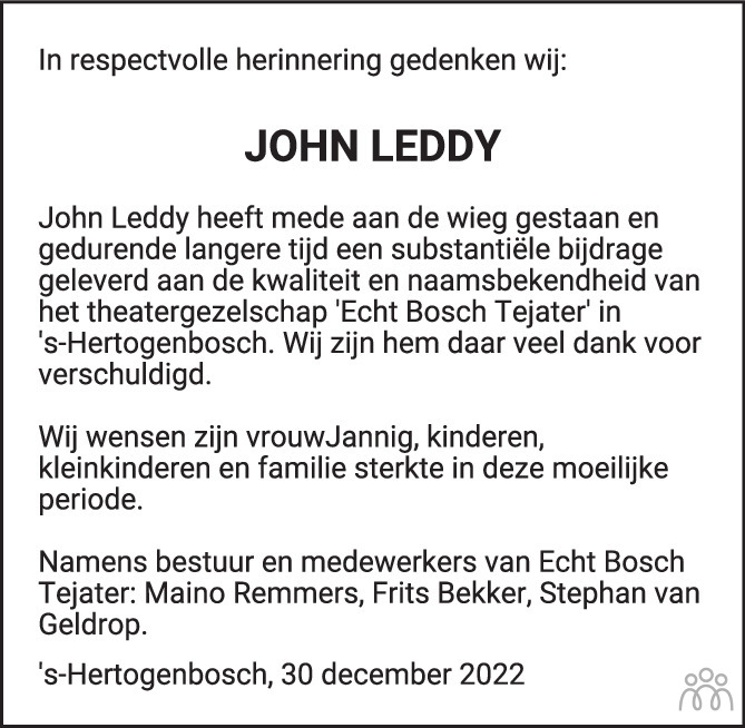 John Leddy Overlijdensbericht En Condoleances Mensenlinq Nl