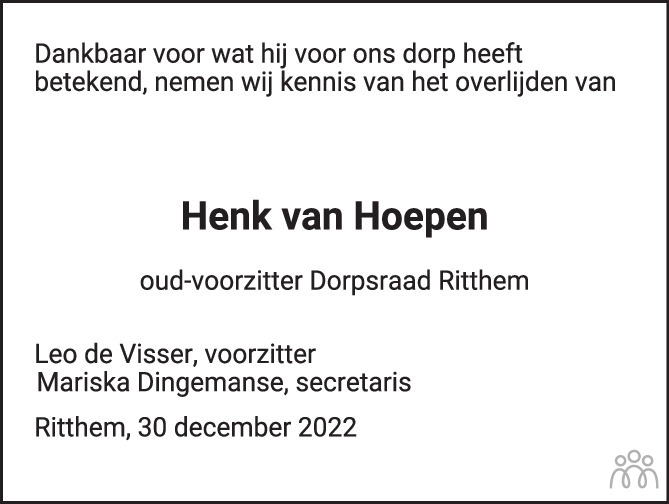 Henk Hendrik Abraham Johannes Van Hoepen 23 12 2022