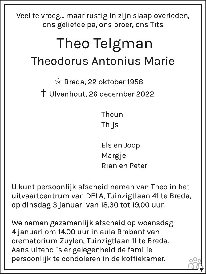 Theo Theodorus Antonius Marie Telgman 26 12 2022 Overlijdensbericht