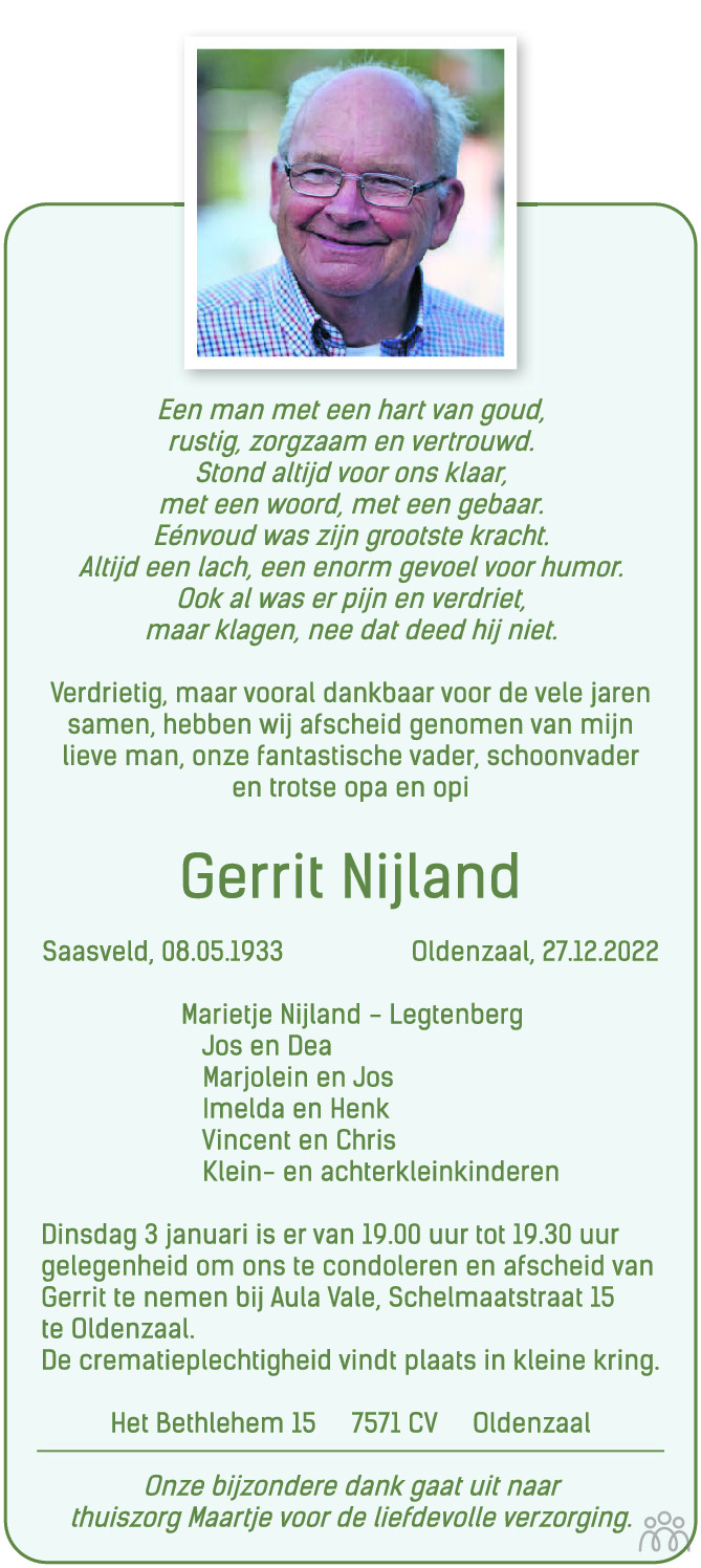 Gerrit Nijland 27 12 2022 Overlijdensbericht En Condoleances