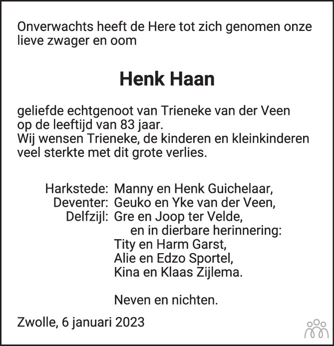 Hendrikus Henk Haan 06 01 2023 Overlijdensbericht En Condoleances